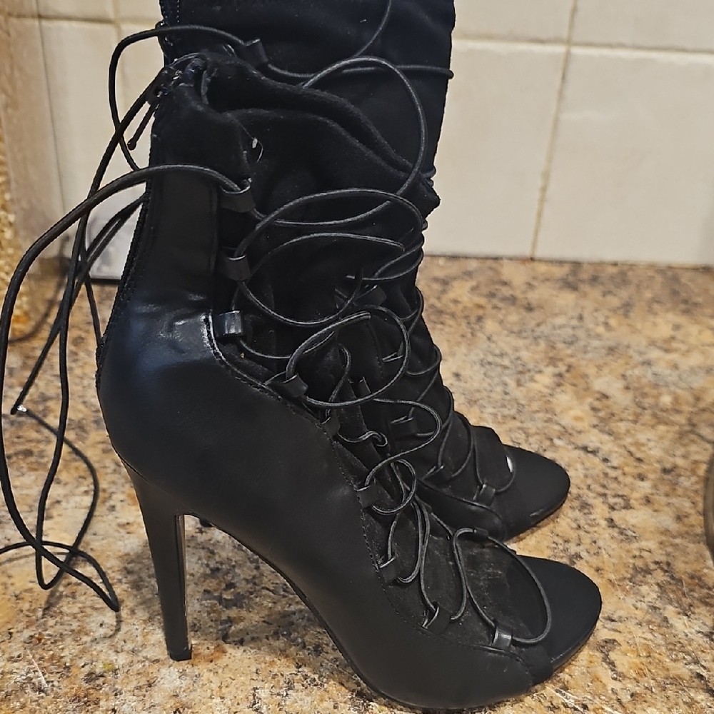 Shoe Dazzle Black Lace-Up Stiletto Ankle Boots